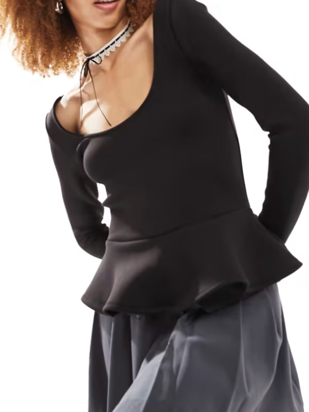 Monkl Scoop-Neck Peplum Long-Sleeve Top